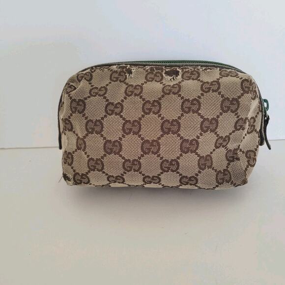 Gucci Logo Vintage Pouch Bag Clutch Zip Small Canvas Leather Beige Green Fair - Picture 1 of 11